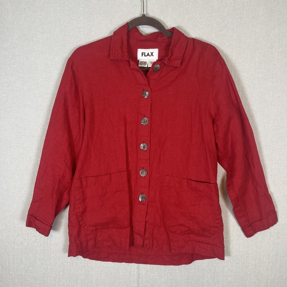 Flax Linen Womens Size Petite Large Button Up Shirt Red Long Sleeve Pockets EUC